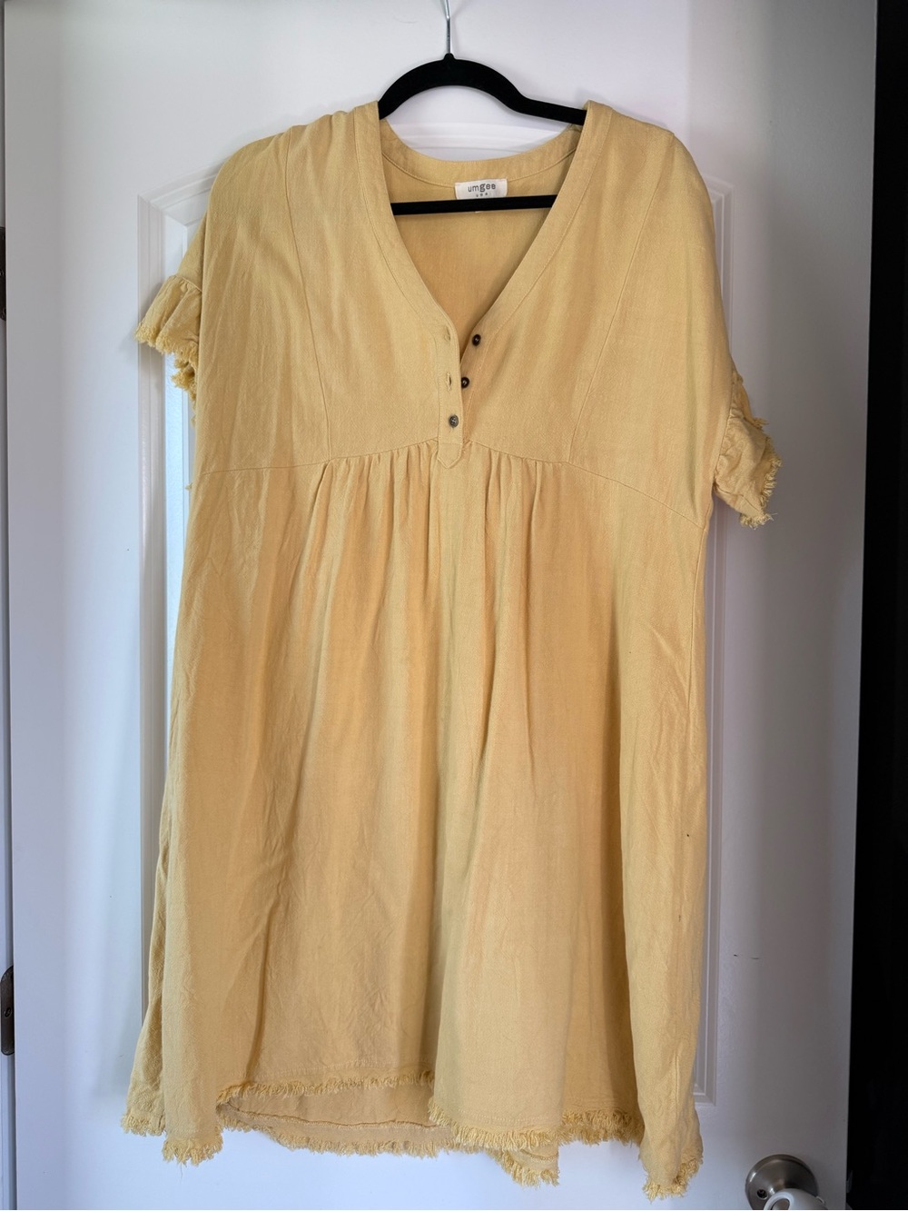 Umgee Soft Yellow V-Neck Short Sleeve Mini Dress